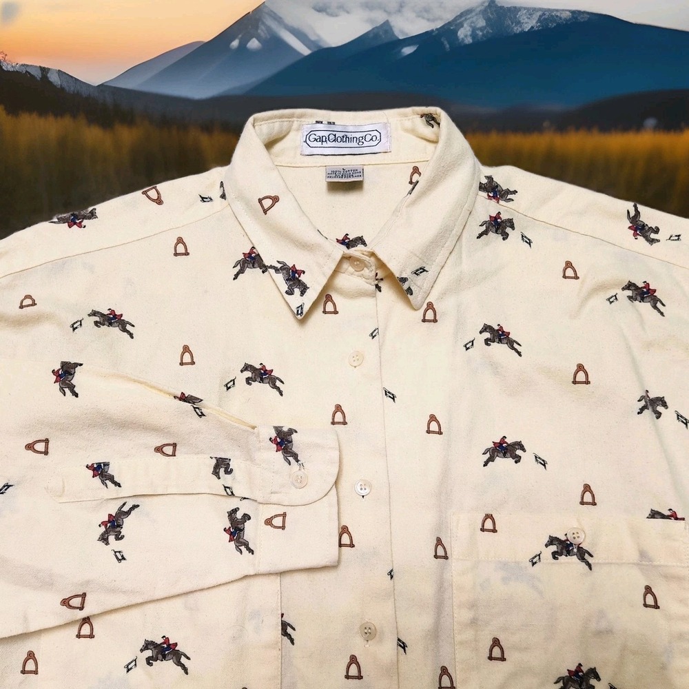 Vtg Gap Clothing Co Equestrian AOP Horse Flannel Button Shirt Womens Yellow L
